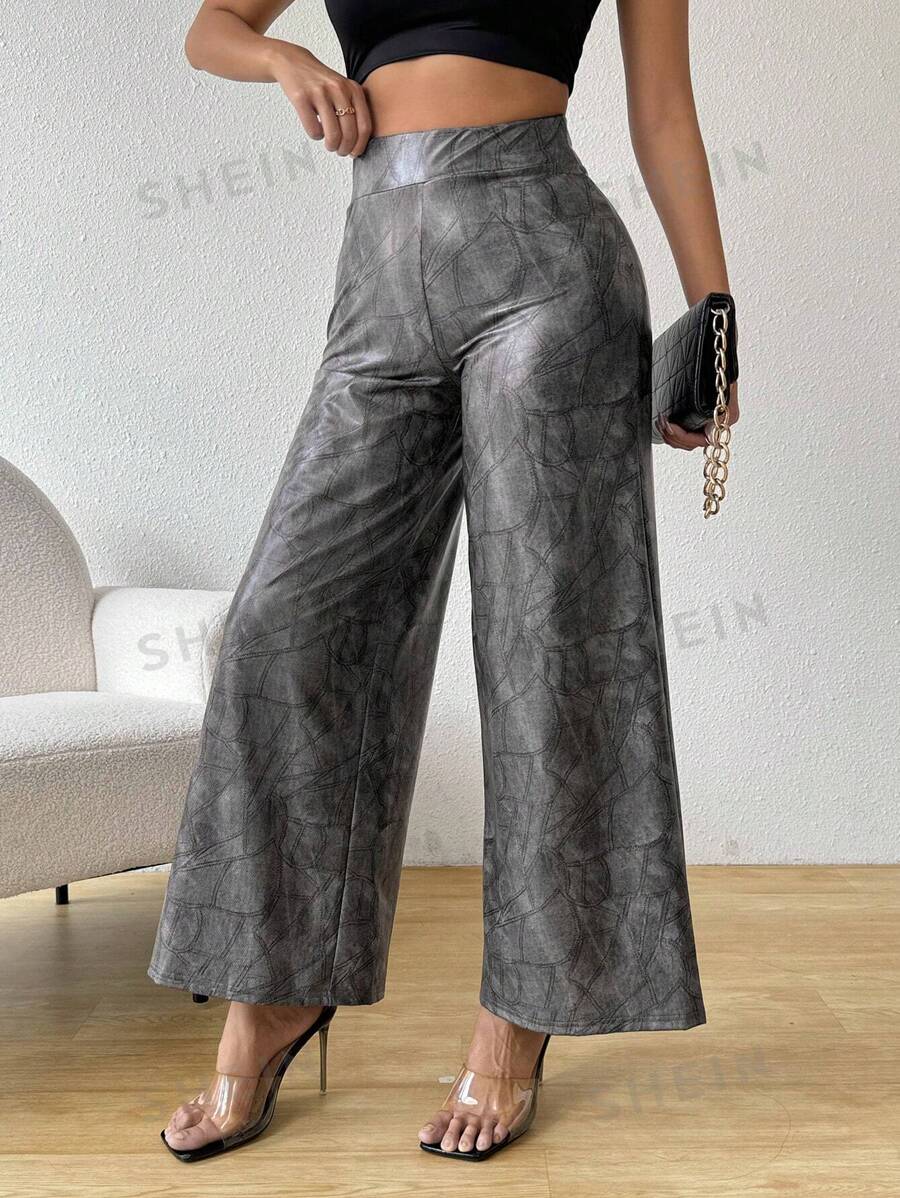 SHEIN Essnce Pantalones de pierna ancha casuales de verano para mujer, pantalones palazzo sólidos y aleatorios estampados con estilo simple y largos para uso diario, atuendos para maestras, ropa para el 4 de julio - Café integral - Ver 1