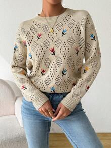 SHEIN Essnce Áo len nữ thêu hoa xuân thu khoét rỗng vừa vặn - Màu Khaki - Xem 3