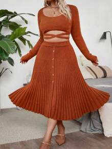 SHEIN Unity Plus Size Fashionable Ribbed Top & Split Skirt Knitwear Set, Fall Two Pieces Outfit - Brown - View 5