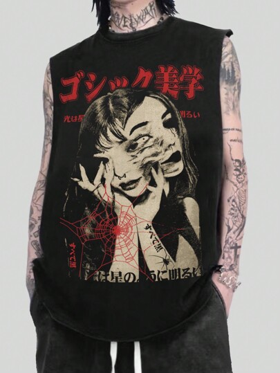 Anime Men's Round Neck Portrait Printed Summer Casual Tank Top, School, 2000s Style