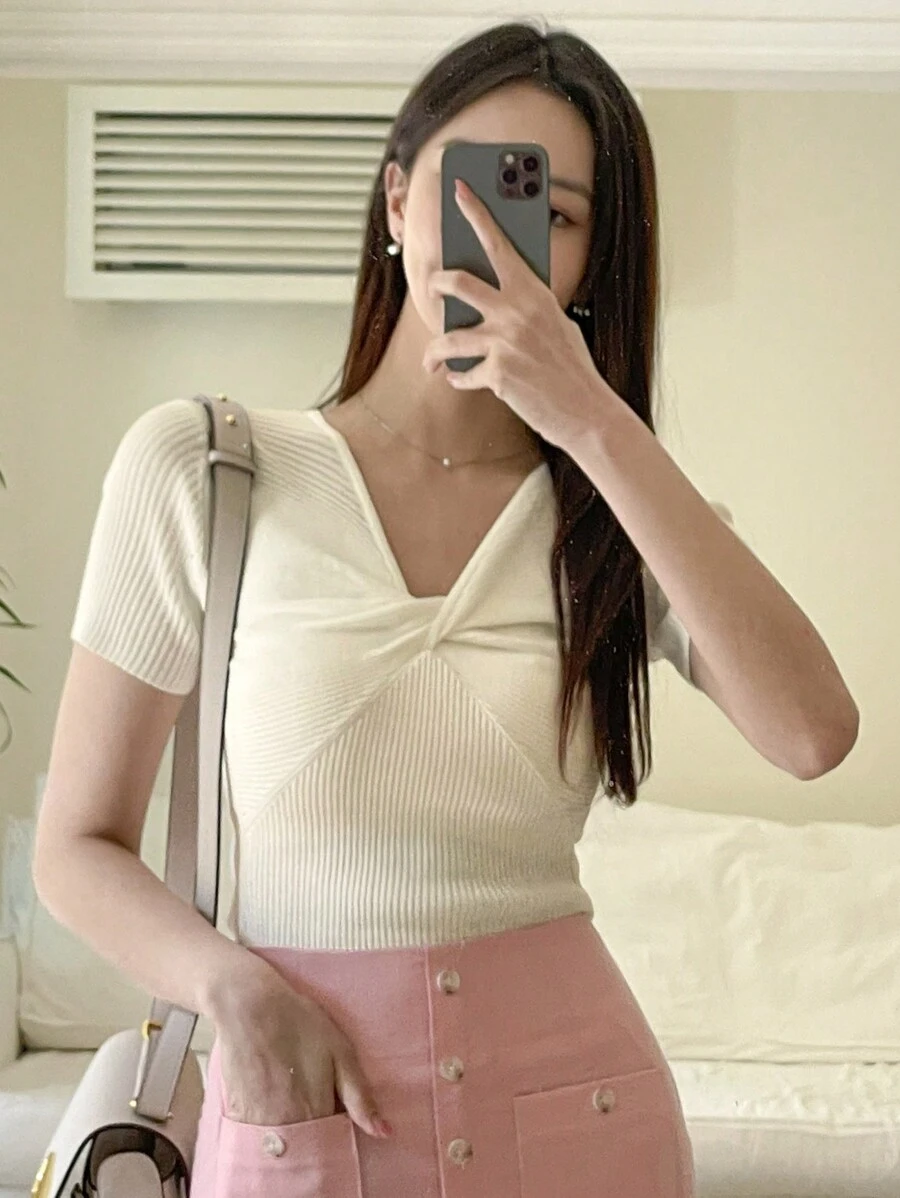 DAZY Women's V-Neck Short Sleeve Knitted Top - White - View 1