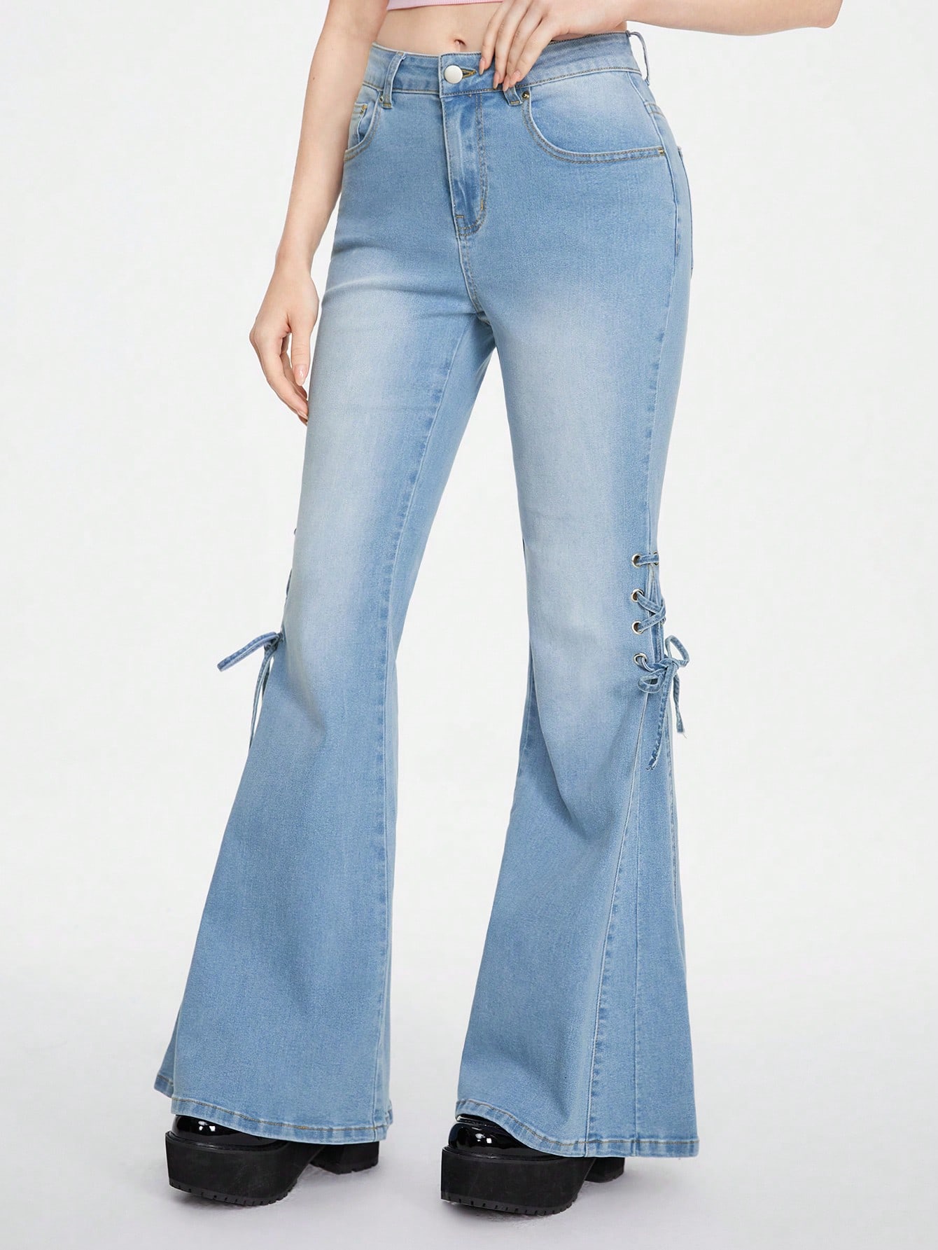 Our Kawaii Women Lace Up Side Flare Leg Jeans For Dailywear