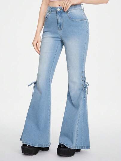 Kawaii Jeans évasés avec lacets sur les côtés pour femmes, pour le port quotidien, l'école