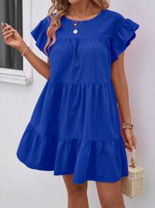 SHEIN LUNE Solid Ruffle Hem Smock Dress For Holiday - Royal Blue - View 6