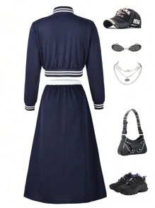 SHEIN Conjunto de dos piezas para adolescentes con estilo urbano casual con mangas largas abiertas y estampado, cómodo