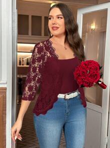 SHEIN Clasi Áo khoác nhẹ màu trơn viền ren cổ vuông thanh lịch cỡ lớn, sang trọng và gợi cảm - Màu Đỏ Sâu - Xem 3
