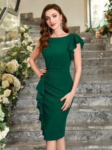 MIUSOL Đầm cocktail tay bồng bất đối xứng màu trơn, đầm nữ thanh lịch bán trang trọng. - Màu xanh lá cây đậm - Xem 6