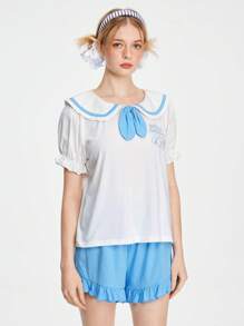 ROMWE Kawaii Bộ đồ ngủ nữ hải quân, thắt nơ cổ Peter Pan tay phồng áo thêu mèo dễ thương & quần short viền nhún bèo - trắng - Xem 6