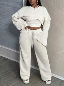 Slaydiva 2024 New Arrival Easter/Western Casual Basic Solid Color Long Sleeve Cropped Top, Cami Undershirt & Loose Pants 3 Piece Women Suit Set