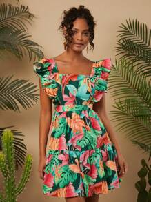 Travachic 度假風編織印花方領蝙蝠袖女式修身洋娃娃連衣裙 - 彩色 - 查看 6