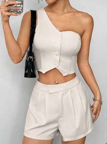 Flirla One Shoulder Asymmetrical Hem Crop Top & Shorts - Apricot - View 3