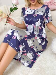 Women's Short Sleeve Sleep Dress Pajama Dress With Cat Pattern - Multicolor - View 4