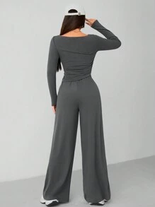 SHEIN PETITE Autumn And Winter Women's Knitted Slim Top + Wide Leg Pants Casual And Comfortable Home Dark Gray Two-Piece Set - Grey - View 2