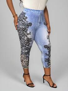 SHEIN Lady Plus Size Blue Denim Effect High Waist Stretchy Leggings Going Out Outfits - Multicolor - View 1
