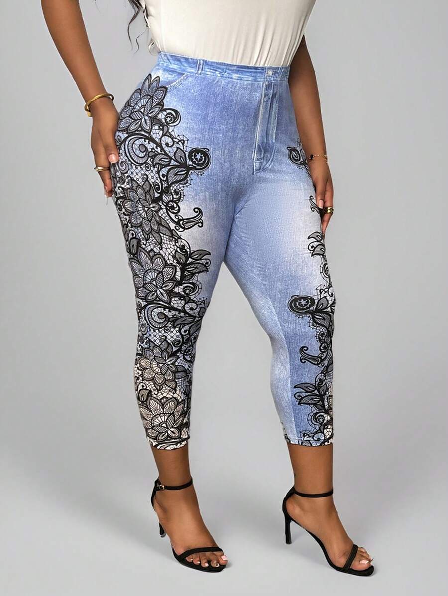 SHEIN Lady Plus Size Blue Denim Effect High Waist Stretchy Leggings Going Out Outfits - Multicolor - View 1