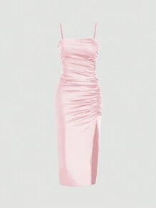 Women's Elegant Light Pink Satin Pleated Midi Cocktail Dress, Suitable For Spring/Summer, Valentine's Day, Elegant Everyday Outings And Parties - Baby Pink - View 4