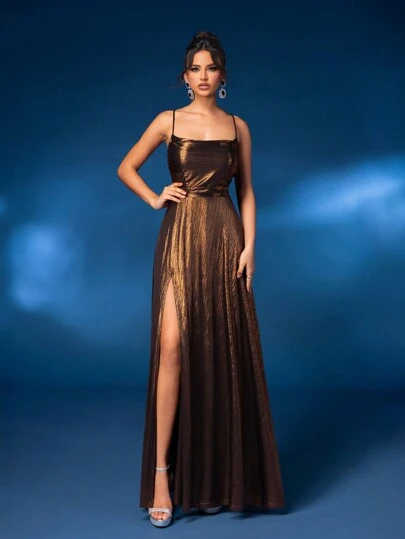 Glamrae 优雅奢华垂坠领口露背毕业派对礼服，后系带和高开衩礼服（厚重款式）正式晚宴婚礼宾客礼服，适合晚宴