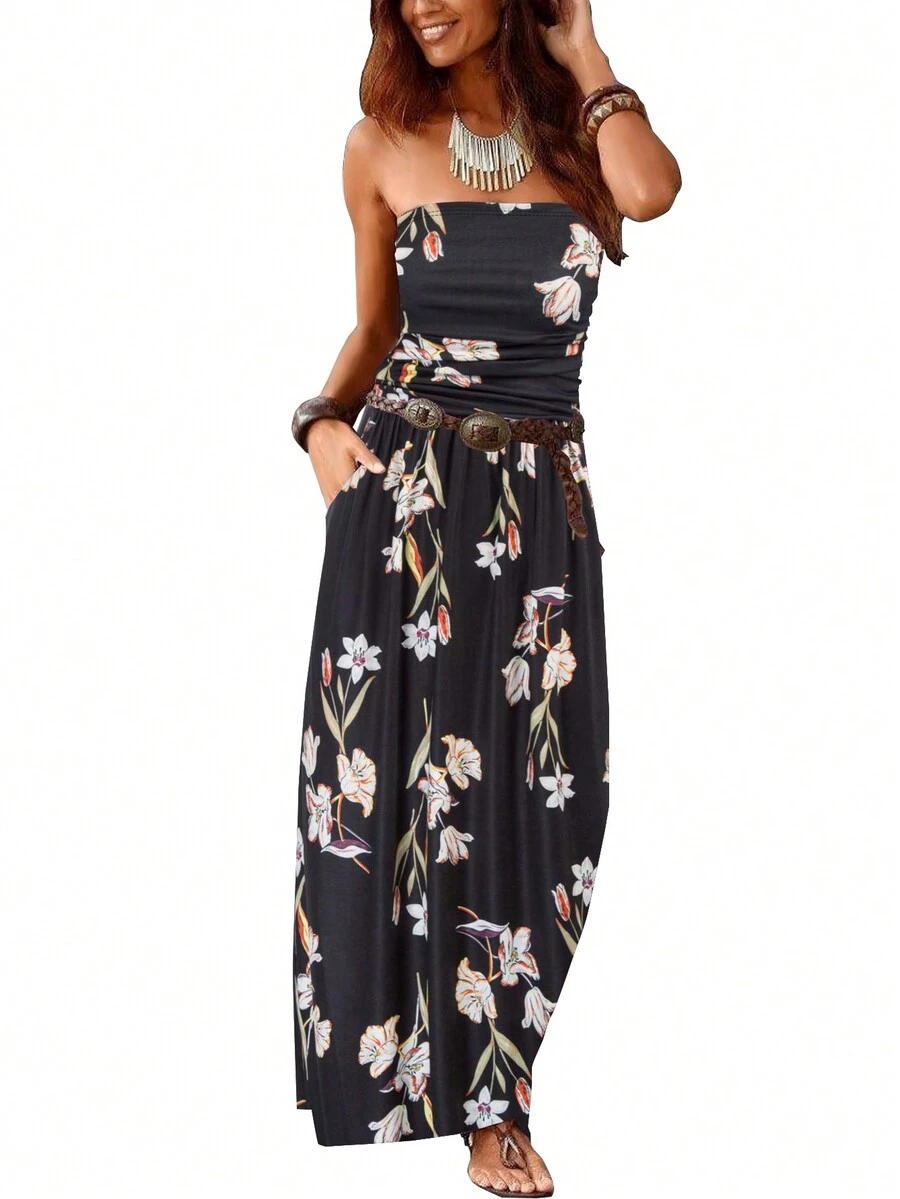 Off-Shoulder Floral Print Loose Fit Vacation Dress With Ruffle Trim - Black and White - View 1