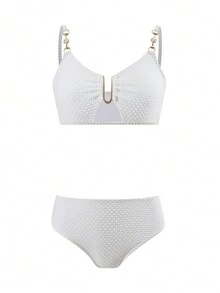Tween Girl Simple And Elegant Cocoa Bead Material Bikini Set Two-Piece Set Summer Beach - White - View 3