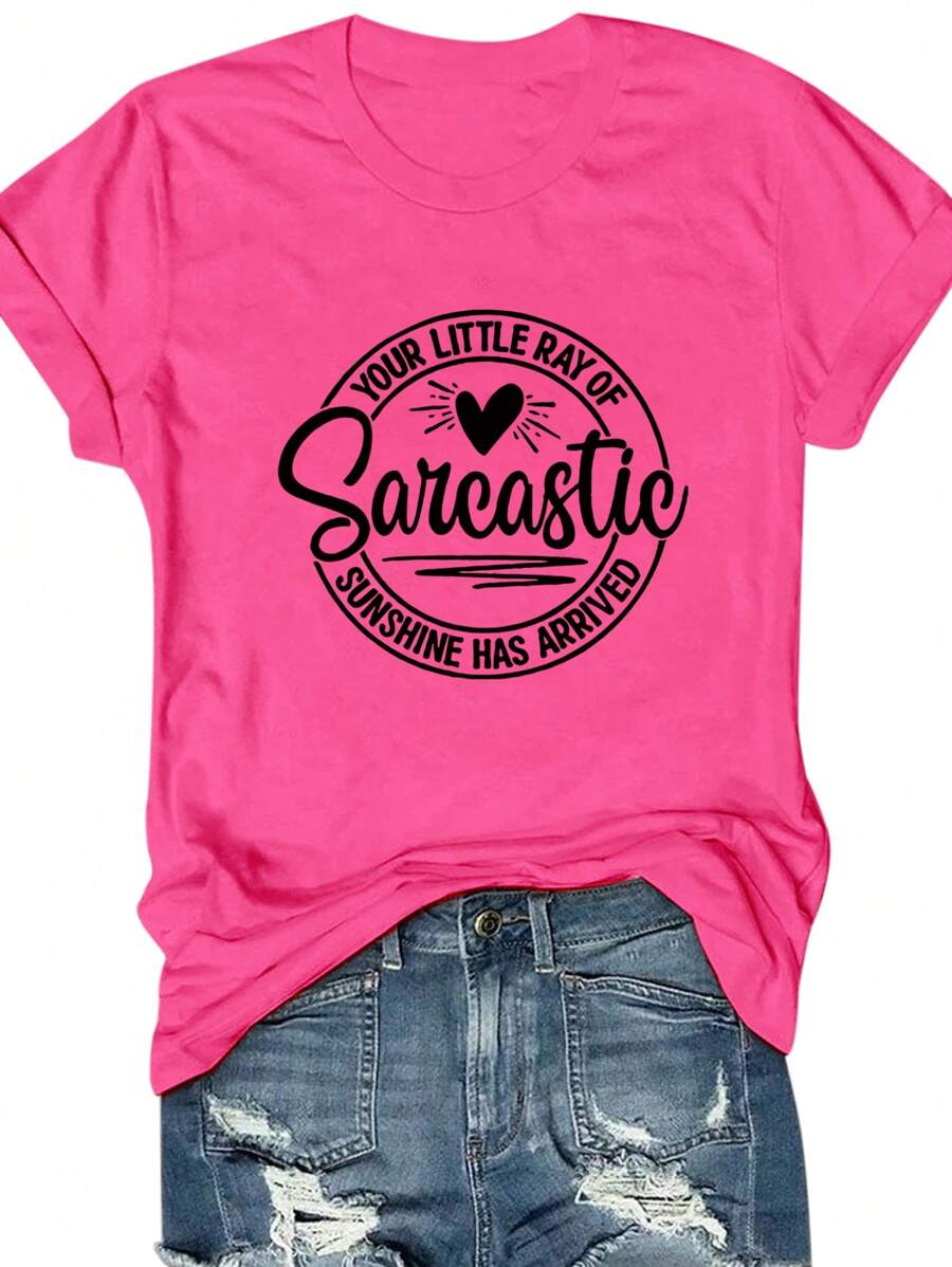 INAWLY Áo thun tay ngắn in họa tiết trái tim và hình tròn thường ngày cho mùa hè Áo thun họa tiết dành cho nữ - Màu Hồng Tươi - Xem 1