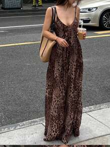INAWLY Vestido de tirantes con estampado de leopardo de moda de verano para mujer