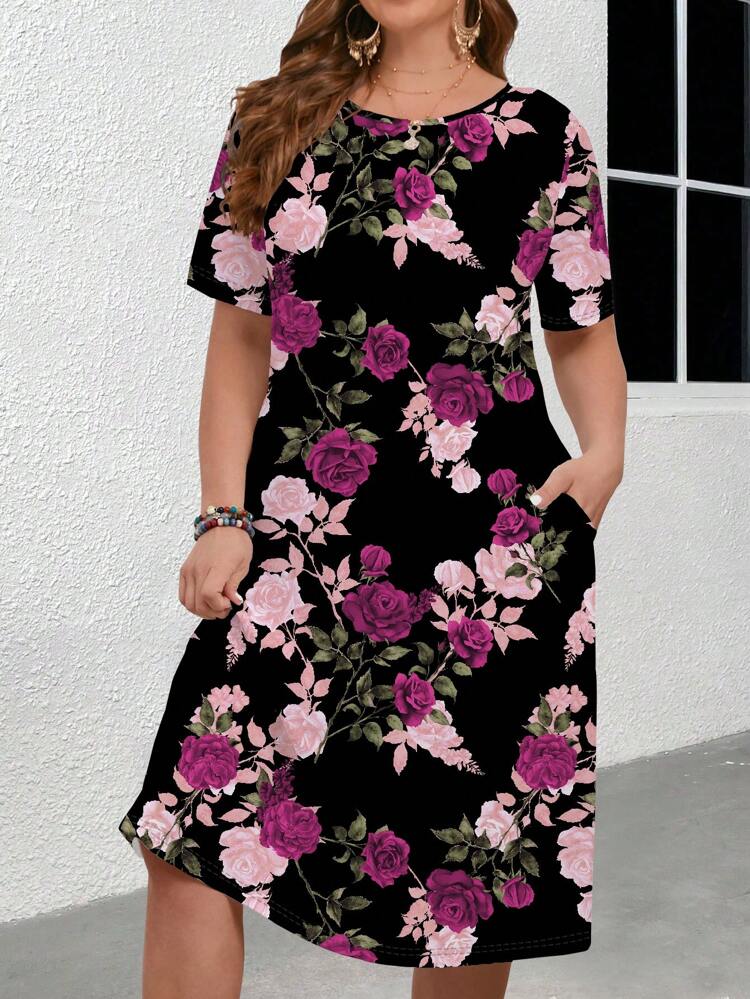Elegant Rose Flower Printed Short Sleeve Plus Size Bodycon Dress For Women, For Summer,Beach Dress Sundress,Holiday Outfits Boho