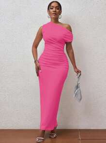 VaVaBold Vestido ajustado largo con cuello asimétrico y plisado lateral - Rosa Fucsia - Ver 8