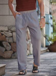 Manfinity Homme Men's Drawstring Linen Fashionable Casual Pants With Pockets, Daily Wear - Dark Grey - View 3