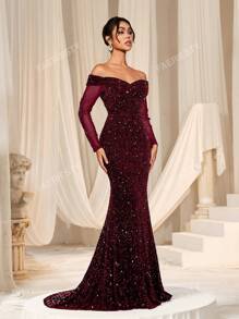 Faeriesty Vestido de noche elegante de sirena con hombros descubiertos, mangas transparentes y adornos de lentejuelas de FAERIESTY - Ideal para galas de noche, atuendos de invitados a bodas, eventos de alfombra roja y fiestas de lujo