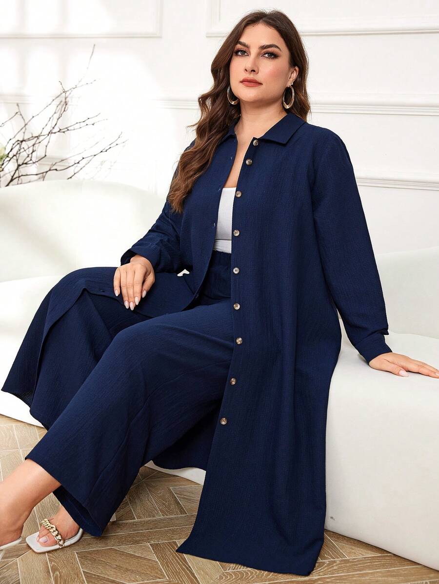Mulvari 大码春秋休闲长衬衫和阔腿裤 2 件套，朴素休闲时尚长款套装 - 藏蓝色 - 查看 1