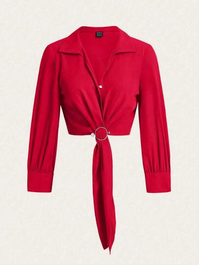 SHEIN LUNE Women's Buttoned Round Ring V-Neck Long Sleeve Shirt, Elegant And Mature For New Year Clothes