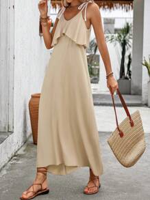 SHEIN LUNE Women's Elegant And Gentle Spaghetti Strap Backless Ruffle Hem Sleeveless Dress - Apricot - View 6