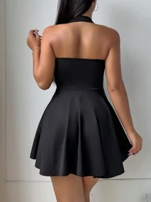 VaVaBold Women's Short Casual Halter Neck Solid Color Summer Dress - Black - View 2
