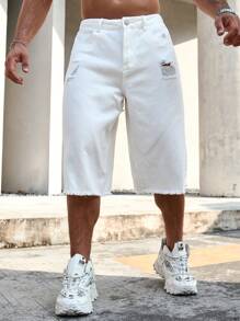 Manfinity Hypemode Quần short denim trắng rách viền thô cho nam Jorts quần short rộng thùng thình - trắng - Xem 3