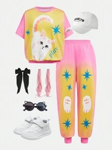 SHEIN Ensemble de 2 pièces pour jeunes filles : T-shirt ample à manches courtes imprimé chat mignon + pantalon de survêtement