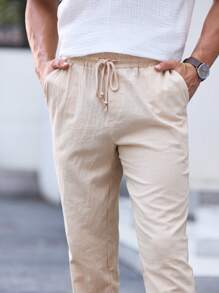 Manfinity VCAY 男士纯棉抽绳高腰裤纯色长款锥形裤度假休闲裤，适合送给老公、男朋友的礼物，秋季 - 米色 - 查看 9