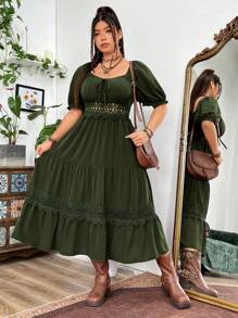 Flirla Plus Size Holiday & Leisure Solid Color Lace Patchwork Dress With Sweetheart Neckline - Army Green - View 6