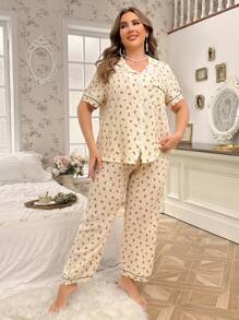 大碼花卉印花領口和釦扣前睡衣套裝 - 杏色 - 查看 3