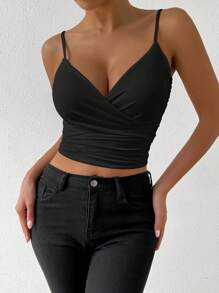 VaVaBold Blusa de tirantes de moda y sensual con pliegues y espalda descubierta cruzada para mujer