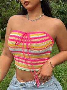 Flirla Plus Size Women's Colorful Striped Knitted Front Tie Halter Top, Summer - Multicolor - View 1