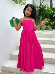 SHEIN 適用於春夏季的青少女假期休閒紋理純色荷葉邊後綁蝴蝶結連衣裙