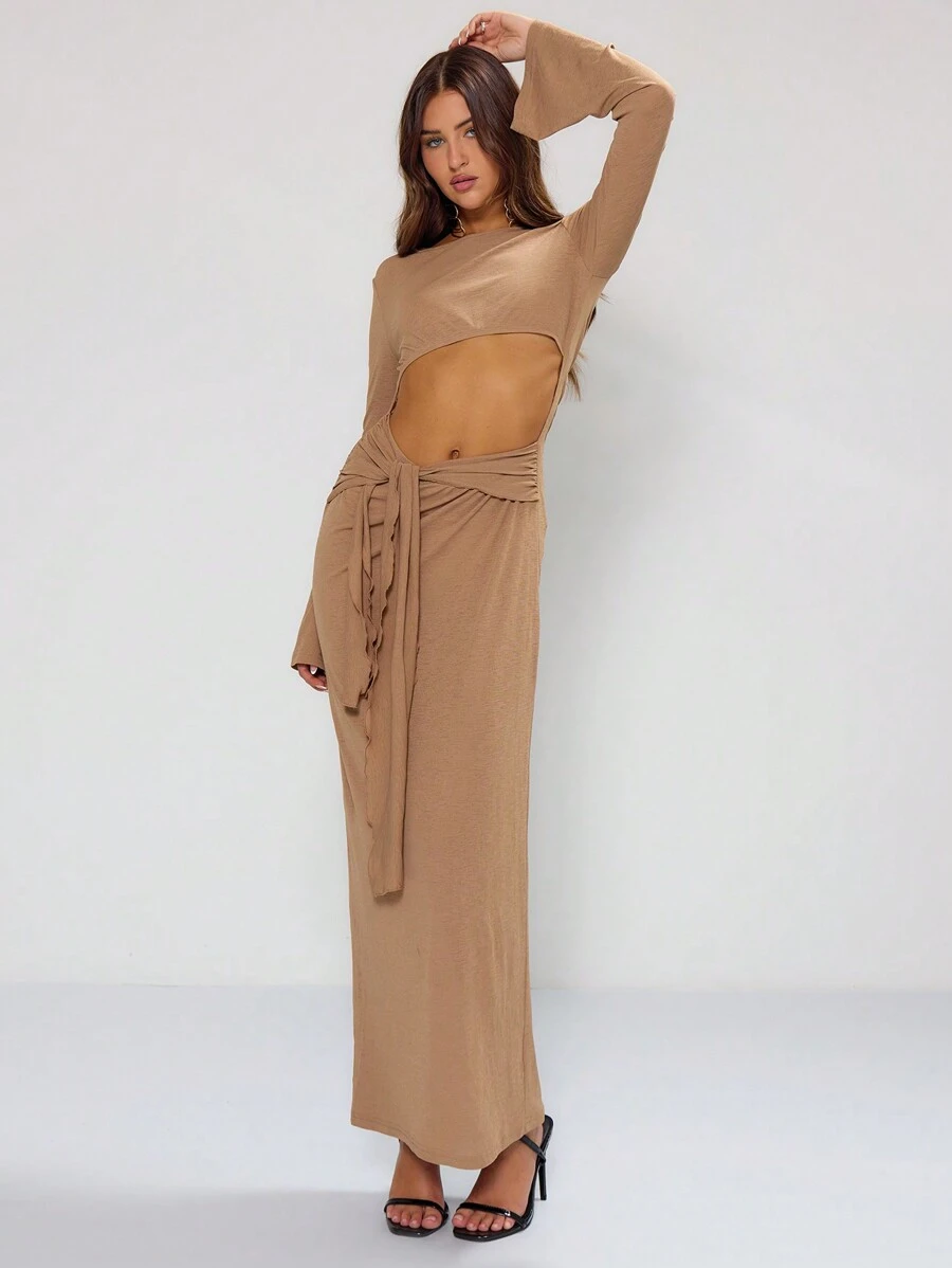 MUSERA 性感长袖网纱透视镂空系带长裙 夏季长裙 - 咖啡棕 - 查看 1