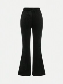SHEIN Girlism Tween Girls Daily Casual Black Solid Color Velvet Flare Leg Pants