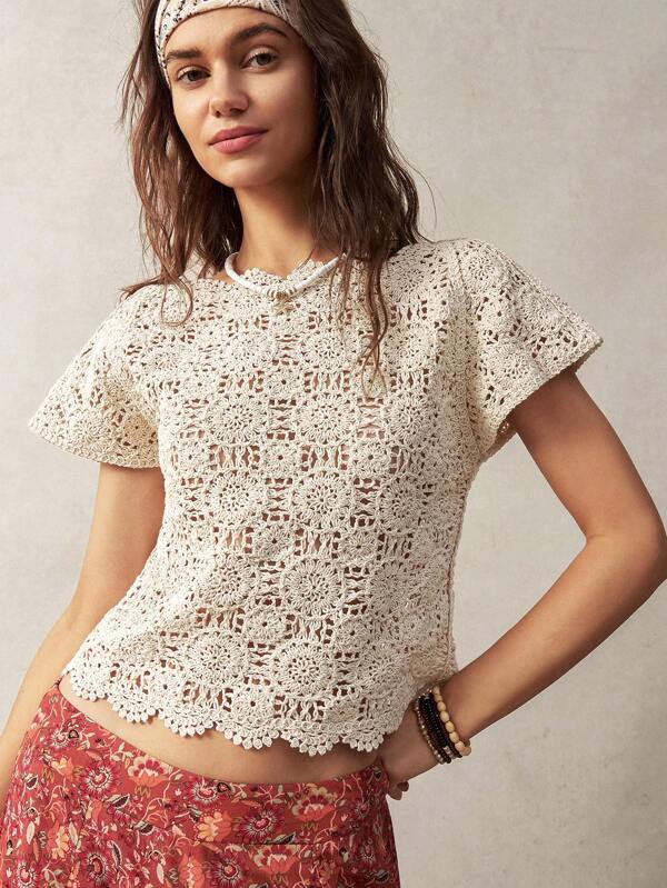 Bohemela Women's Beige Summer Knitted Top For Vacation