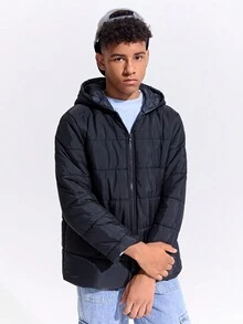 SHEIN 青少年男童休闲连帽条纹拉链加厚外套，保暖，秋冬季节，简约百搭风格 - 寶藍色 - 查看 4