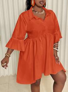 Slaydiva PLUS時尚通勤和日常休閒白色修身連衣裙，半扣式和不對稱的下擺設計，短袖，短款，適用於春夏季節 - 橘色 - 查看 4