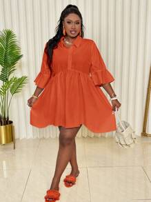Slaydiva PLUS時尚通勤和日常休閒白色修身連衣裙，半扣式和不對稱的下擺設計，短袖，短款，適用於春夏季節 - 橘色 - 查看 6