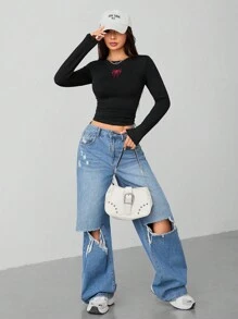 SHEIN PETITE Camiseta de manga larga de punto de alta elasticidad con gráfico de araña para mujer