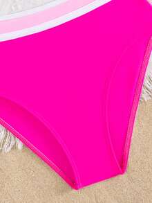 SHEIN Tween Girl Summer Beach Hot Pink Contrast Binding Bikini Set - Hot Pink - View 3