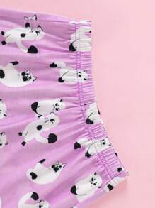 SHEIN Young Girl Cute Cat Pattern Loose Casual Breathable Sleepwear Set, 2pcs Shorts & Short-Sleeved Top For Summer - Lilac Purple - View 3